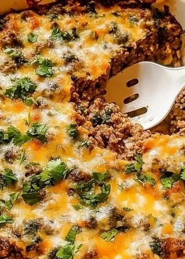 Delicious ground beef casserole topped with cauliflower rice for a healthy dinner option