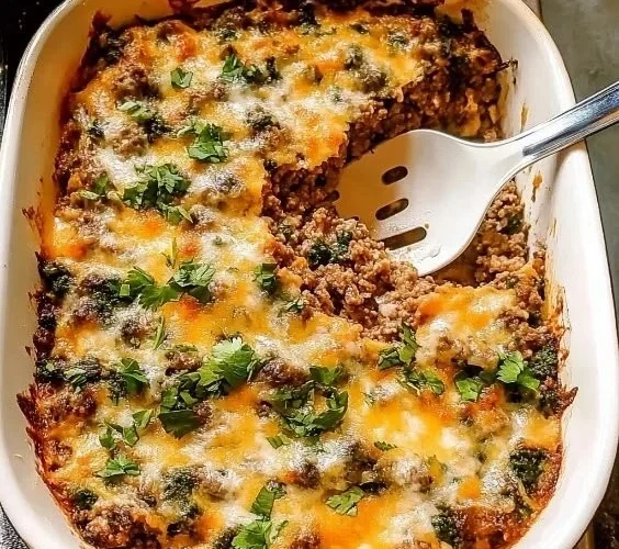 Delicious ground beef casserole topped with cauliflower rice for a healthy dinner option