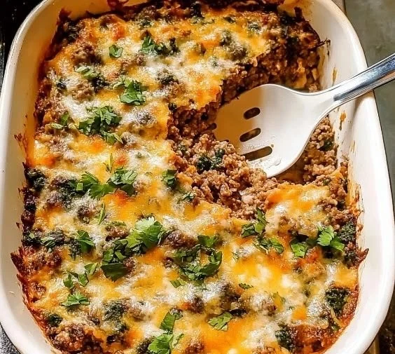 Delicious ground beef casserole topped with cauliflower rice for a healthy dinner option