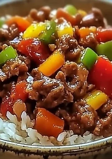 Healthy beef and pepper rice bowl with colorful vegetables and rice