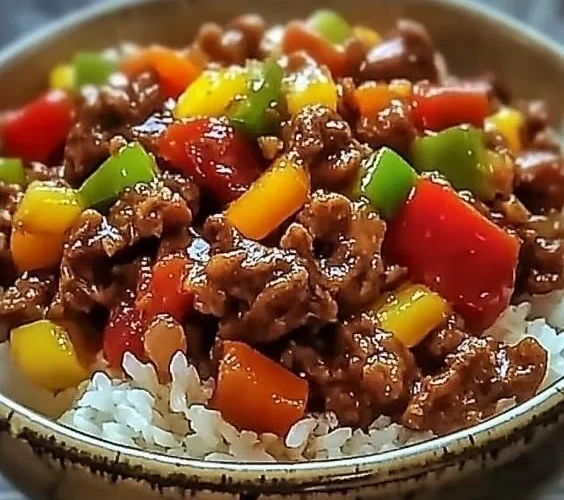 Healthy beef and pepper rice bowl with colorful vegetables and rice