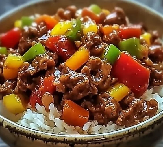 Healthy beef and pepper rice bowl with colorful vegetables and rice