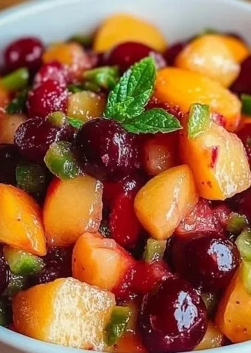 Healthy peach cherry salsa served in a bowl with fresh ingredients.