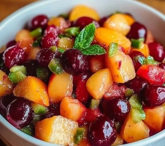 Healthy peach cherry salsa served in a bowl with fresh ingredients.
