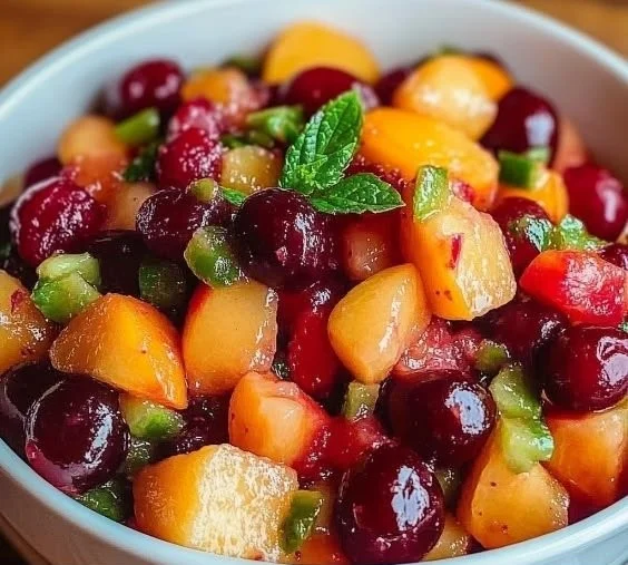 Healthy peach cherry salsa served in a bowl with fresh ingredients.