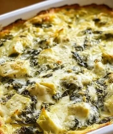 High protein spinach artichoke bake served in a dish