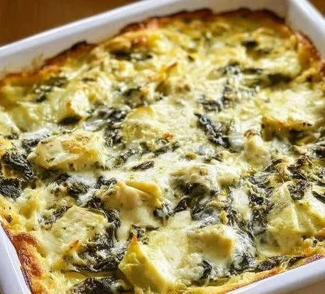 High protein spinach artichoke bake served in a dish