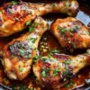 Baked honey garlic chicken drumsticks garnished and ready to serve