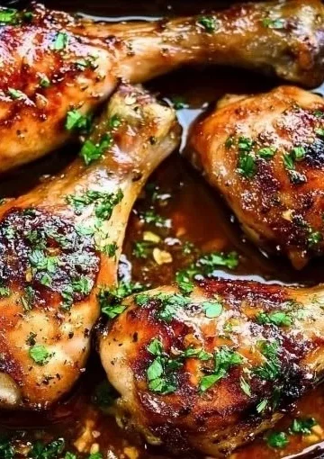 Baked honey garlic chicken drumsticks garnished and ready to serve