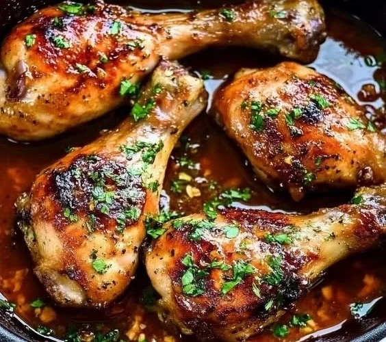 Baked honey garlic chicken drumsticks garnished and ready to serve
