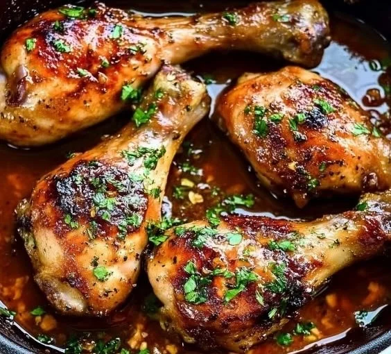 Baked honey garlic chicken drumsticks garnished and ready to serve