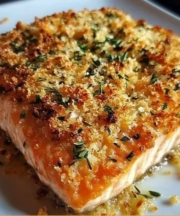 Irresistibly crispy Parmesan Salmon Bake dish with fresh herbs and side vegetables