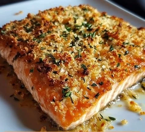 Irresistibly crispy Parmesan Salmon Bake dish with fresh herbs and side vegetables