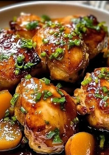 Jalapeño Peach Glazed Chicken garnished with fresh herbs on a serving plate