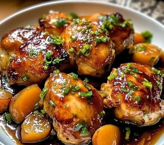 Jalapeño Peach Glazed Chicken garnished with fresh herbs on a serving plate