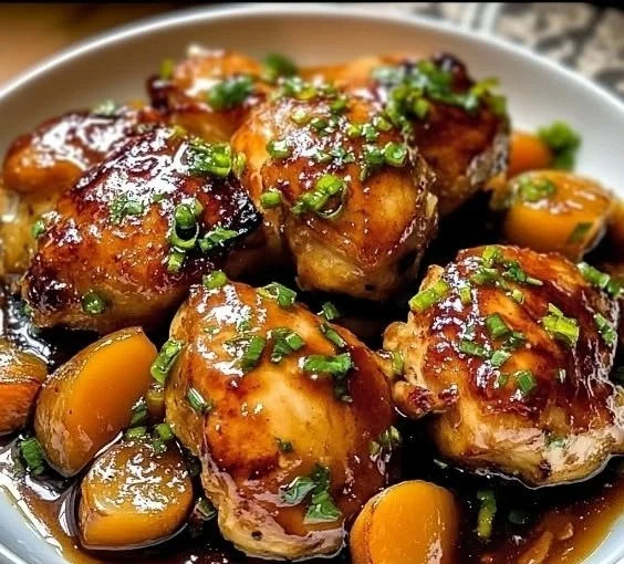 Jalapeño Peach Glazed Chicken garnished with fresh herbs on a serving plate