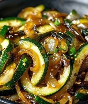 Delicious Japanese Zucchini and Onion Stir-Fry served in a bowl