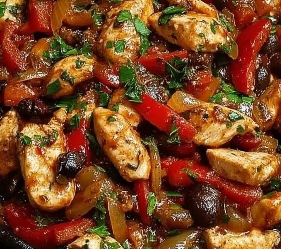 Mediterranean Chicken stir fry with colorful vegetables and herbs