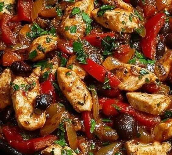 Mediterranean Chicken stir fry with colorful vegetables and herbs