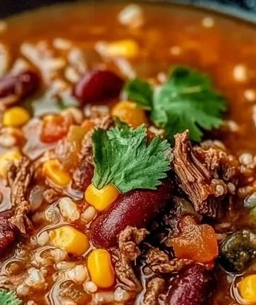 Bowl of Mexican beef and rice soup garnished with cilantro and lime