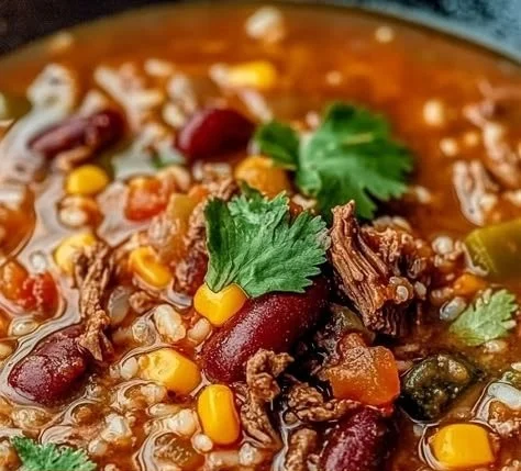 Bowl of Mexican beef and rice soup garnished with cilantro and lime