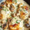 Delicious Mushroom Asiago Chicken with creamy sauce and mushrooms
