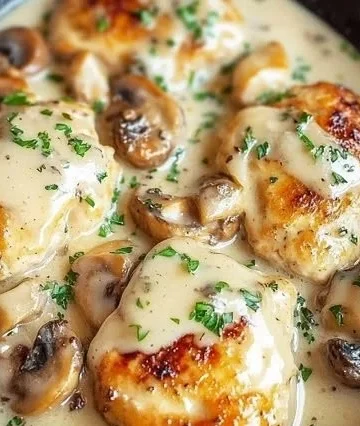Delicious Mushroom Asiago Chicken with creamy sauce and mushrooms