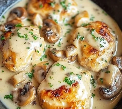 Delicious Mushroom Asiago Chicken with creamy sauce and mushrooms