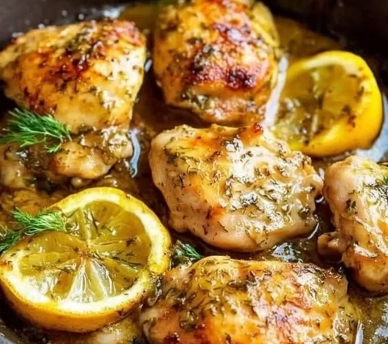 Paleo Lemon Dill Chicken served on a plate with fresh herbs