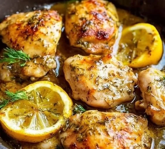 Paleo Lemon Dill Chicken served on a plate with fresh herbs