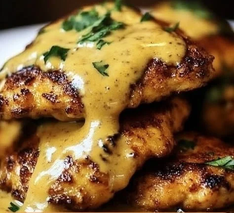 Crispy Pretzel Chicken served with dipping sauce on a wooden plate.