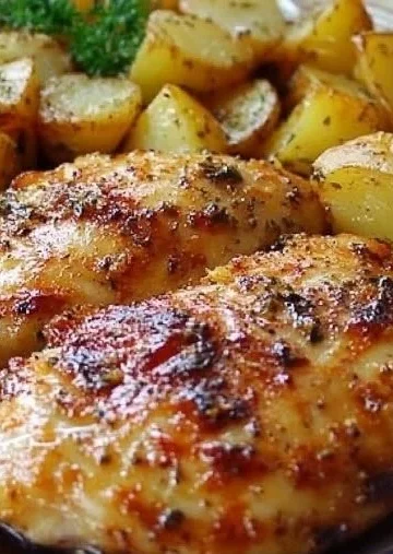 Sheet pan chicken and potatoes dish ready to serve on a platter.