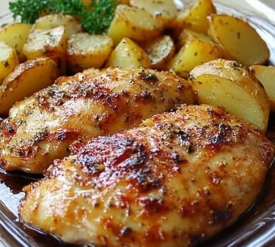 Sheet pan chicken and potatoes dish ready to serve on a platter.
