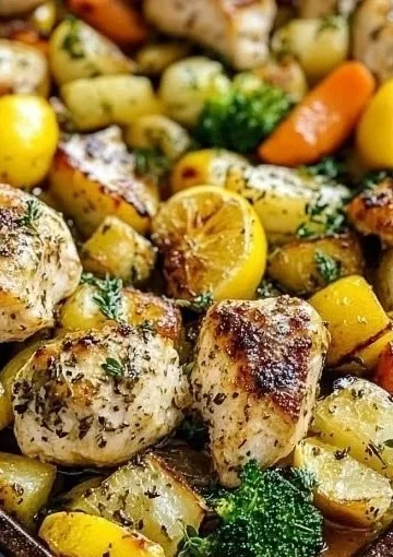Sheet Pan Lemon Herb Chicken surrounded by vibrant vegetables on a baking sheet