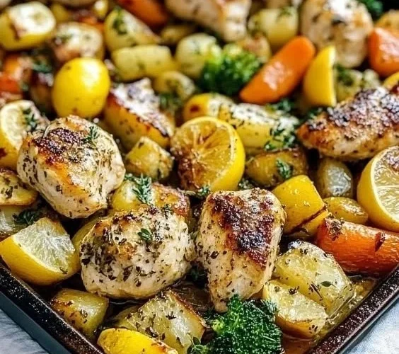 Sheet Pan Lemon Herb Chicken surrounded by vibrant vegetables on a baking sheet