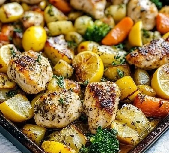 Sheet Pan Lemon Herb Chicken surrounded by vibrant vegetables on a baking sheet