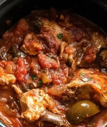 Delicious slow cooker chicken cacciatore served with vegetables and herbs