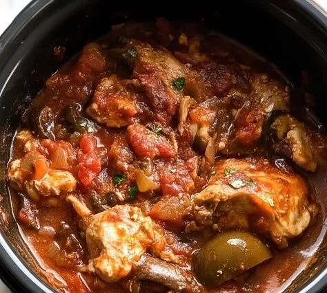 Delicious slow cooker chicken cacciatore served with vegetables and herbs