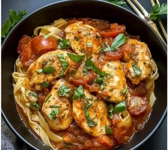 Slow Cooker Tomato Basil Chicken served on a plate with fresh basil garnish.