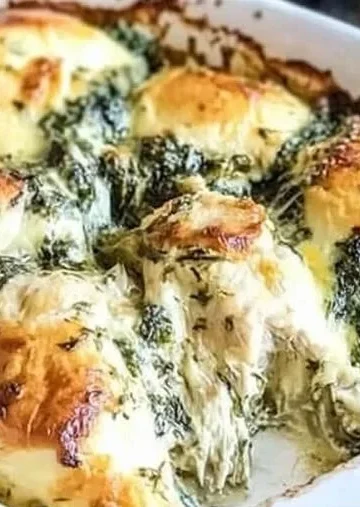 Creamy Spinach Artichoke Chicken Bake topped with cheese and herbs
