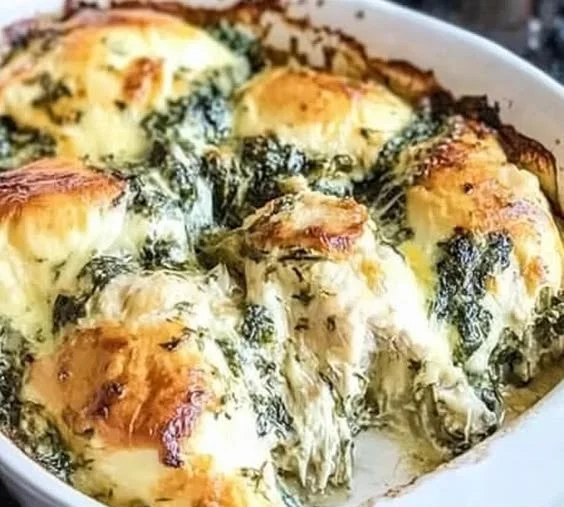 Creamy Spinach Artichoke Chicken Bake topped with cheese and herbs