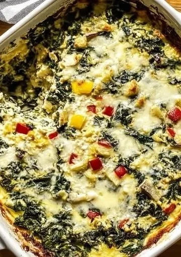 Spinach and pepperoncini baked feta dip served in a bowl