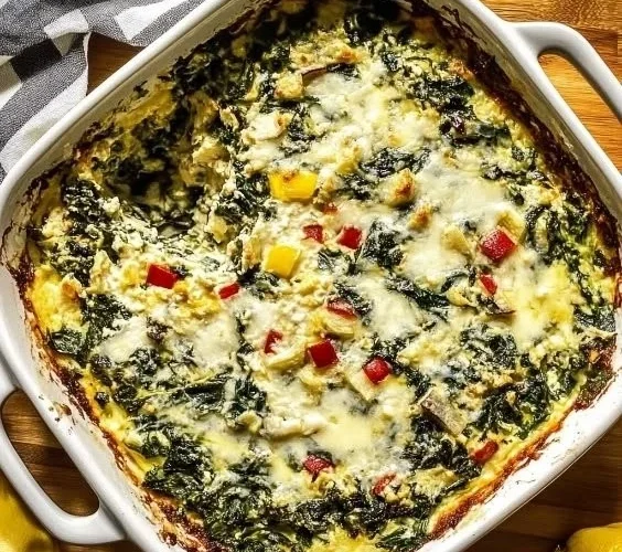 Spinach and pepperoncini baked feta dip served in a bowl