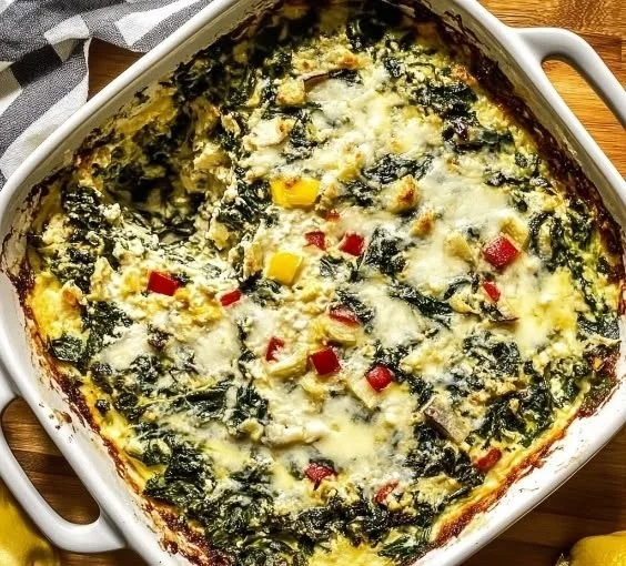 Spinach and pepperoncini baked feta dip served in a bowl