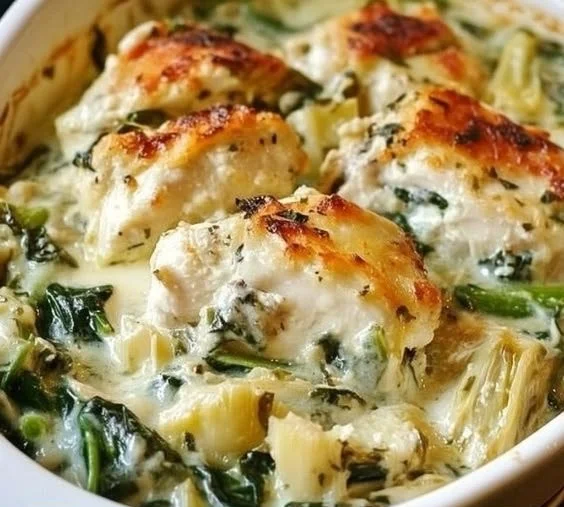 Spinach Artichoke Chicken with Cottage Cheese served in a bowl