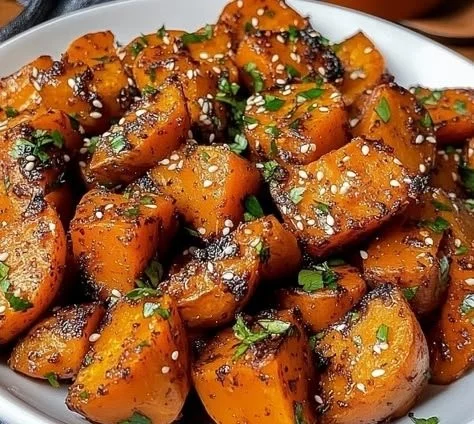 Delicious sweet and spicy smashed sweet potatoes served in a bowl.