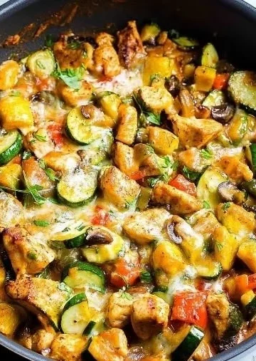 Plate of Tex Mex Chicken with Zucchini, garnished with fresh herbs.