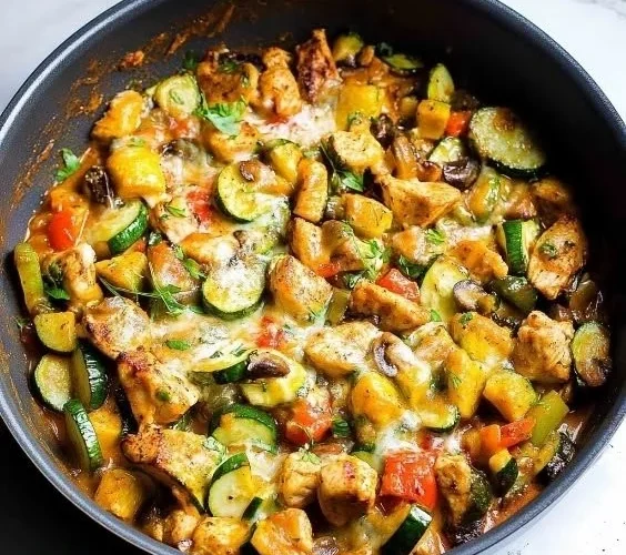 Plate of Tex Mex Chicken with Zucchini, garnished with fresh herbs.