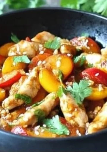 Delicious plate of Thai Peach Chicken with juicy peaches and spices