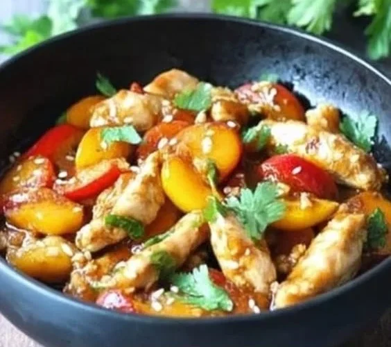Delicious plate of Thai Peach Chicken with juicy peaches and spices